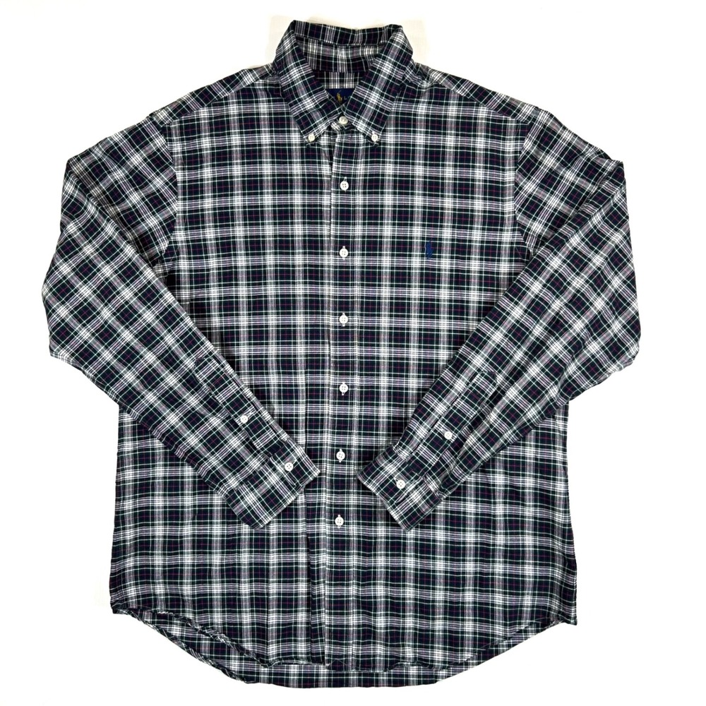 Ralph Lauren Mens Plaid Button Down Shirt Green Navy White Cotton L Long Sleeve